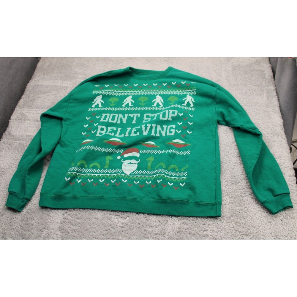 Hanes "Don't Stop Believing" Ugly Christmas Sweatshirt Bigfoot UFO Santa Men's